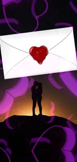 Romantic silhouette couple with love letter at sunset.