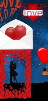 Romantic night wallpaper with hearts, silhouettes, and a starry sky backdrop.