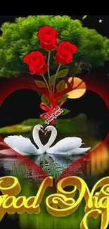 Romantic night wallpaper with swans, roses, and Good Night text.