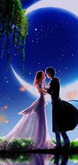 Romantic couple under a crescent moon in a magical night setting.