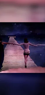 Couple walking on a dock under a starry night sky.