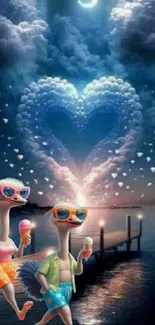 Cartoon ostriches enjoy ice cream under a heart-shaped cloud night sky.