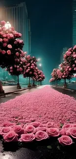 Romantic street lined with rose trees and flowers at night.