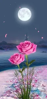 Pink roses under full moon night sky by the water.