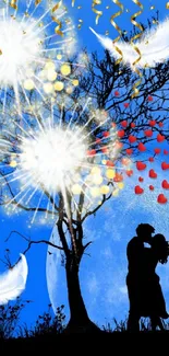 Silhouette of couple under moonlit sky with feathers and hearts.