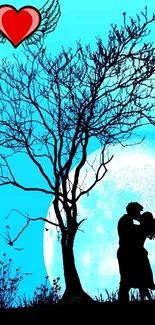 Silhouetted couple and tree with a glowing moon and blue sky background.