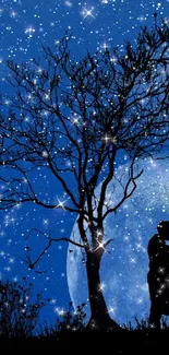 Silhouette of a couple embracing under a starry sky with a full moon.