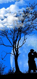 Silhouetted couple under a blue moonlit sky.