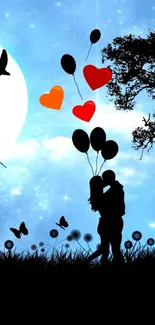 Romantic silhouette with hearts and balloons under a starry night sky wallpaper.