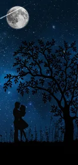 Silhouette of couple under a starry night sky with a bright moon.