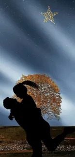 Silhouette couple under starry night sky with tree.