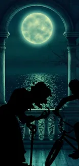 Romantic moonlit night scene with silhouettes and roses.