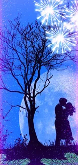 Silhouetted couple under a blue moonlit sky with fireworks and trees.