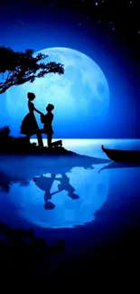 Silhouette of couple under blue full moon reflection.