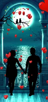 Romantic couple silhouette with moonlit sea and heart balloons.