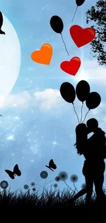 Silhouette couple with balloons against a starry night sky with hearts and butterflies.