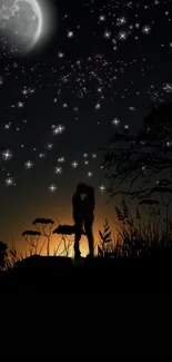 Silhouette of a couple under a starry night sky with a glowing moon.