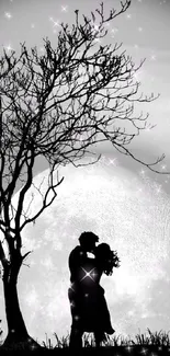 Silhouetted couple kissing under a starry night sky with full moon.