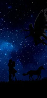 Silhouette of love and fantasy under a starry night sky.