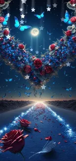 Night sky with heart-shaped flowers and blue butterflies.