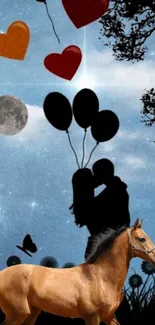 Romantic silhouettes with horse under a starry night sky.