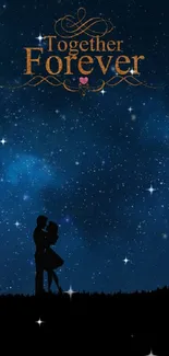 Romantic couple silhouette under starry sky with 'Together Forever' text.