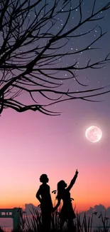 Romantic silhouette of couple under starry purple sky with full moon.