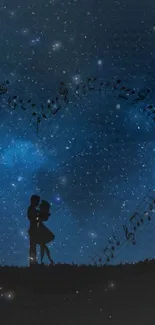 Silhouette couple under heart-shaped starry sky.