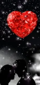 Romantic wallpaper with red heart and couple silhouette under starry night.