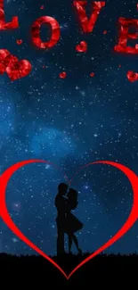 Romantic blue starry night wallpaper with couple silhouette inside heart.