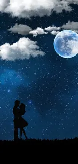 Romantic silhouette under moonlit starry sky with clouds.