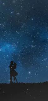 Silhouette couple under a starry night sky with a tree on the side.