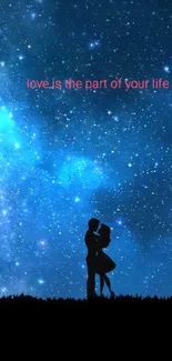 Romantic couple silhouetted under a starry night sky with cosmic beauty.