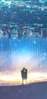 Silhouetted couple under inverted city and night sky on mobile wallpaper.