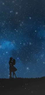 Silhouetted couple under starry night sky on mobile wallpaper.