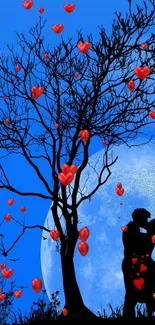 Silhouette of couple under moonlit tree with red hearts on blue sky.