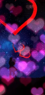 Romantic couple under starry sky with red hearts.