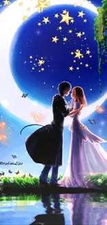 Romantic couple beneath crescent moon and stars, in a mystical night scene.