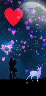 Silhouette couple and deer under moonlit starry sky with heart.