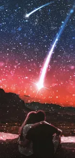 Romantic couple under shooting star-filled night sky.