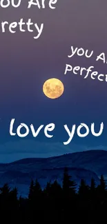 Romantic wallpaper with moon and love quotes over a dark blue night sky.