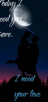 Romantic silhouette of couple under a starry night sky with love quotes.