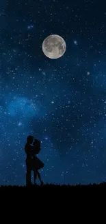 Silhouetted couple under a starry night sky with a glowing moon.