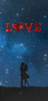 Silhouette of couple under starry sky with 'Love' text.