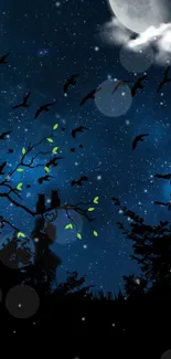 Silhouette of couple under night sky with moon and birds, perfect wallpaper.