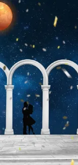 Couple silhouetted under arches with a starry sky and red moon background.