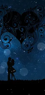 Couple silhouetted under a starry heart in a romantic night sky.