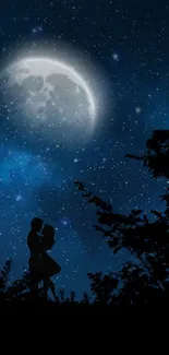 Silhouette of couple under a moonlit starry sky.