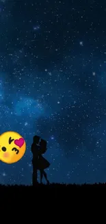 Romantic silhouette of a couple under a starry night sky with an emoji.