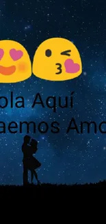 Romantic night wallpaper with couple and emojis under a starry sky.